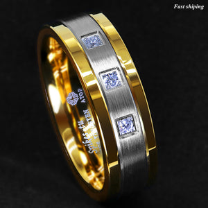 8mm Silver Tungsten Ring Brushed 18K Gold Diamonds -LUXURY Men Wedding Band