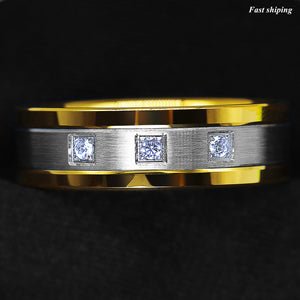 8mm Silver Tungsten Ring Brushed 18K Gold Diamonds -LUXURY Men Wedding Band