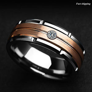 8mm Silver Tungsten Ring Rose Gold Brushed Diamond -LUXURY Men Wedding Band