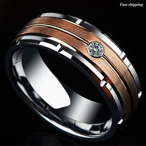 8mm Silver Tungsten Ring Rose Gold Brushed Diamond -LUXURY Men Wedding Band