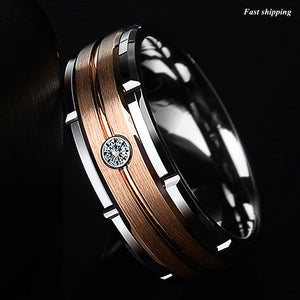 8mm Silver Tungsten Ring Rose Gold Brushed Diamond -LUXURY Men Wedding Band