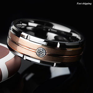 8mm Silver Tungsten Ring Rose Gold Brushed Diamond -LUXURY Men Wedding Band