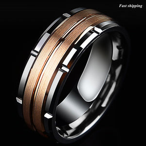 8mm Silver Tungsten Ring Rose Gold Brushed Diamond -LUXURY Men Wedding Band