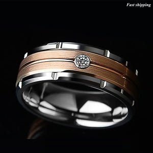 8mm Silver Tungsten Ring Rose Gold Brushed Diamond -LUXURY Men Wedding Band