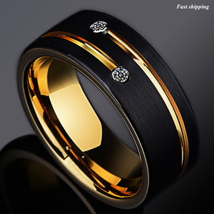 8mm Black Brushed Tungsten Ring Gold Grooved Line Diamond  Men Wedding Band