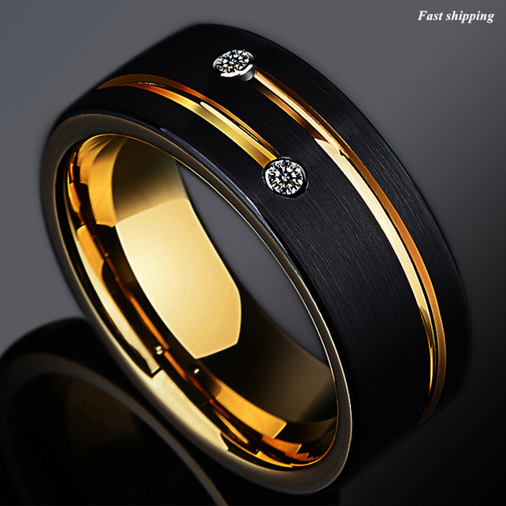 8mm Black Brushed Tungsten Ring Gold Grooved Line Diamond  Men Wedding Band