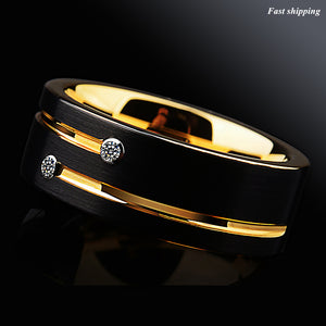8mm Black Brushed Tungsten Ring Gold Grooved Line Diamond  Men Wedding Band