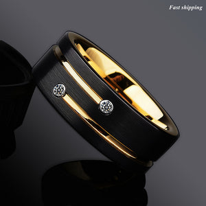 8mm Black Brushed Tungsten Ring Gold Grooved Line Diamond  Men Wedding Band