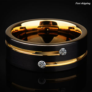 8mm Black Brushed Tungsten Ring Gold Grooved Line Diamond  Men Wedding Band