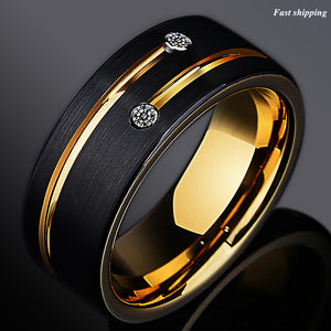 8mm Black Brushed Tungsten Ring Gold Grooved Line Diamond  Men Wedding Band