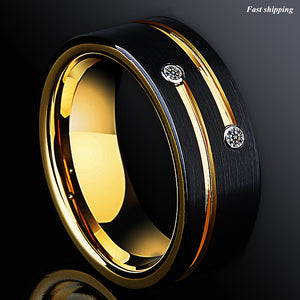 8mm Black Brushed Tungsten Ring Gold Grooved Line Diamond  Men Wedding Band