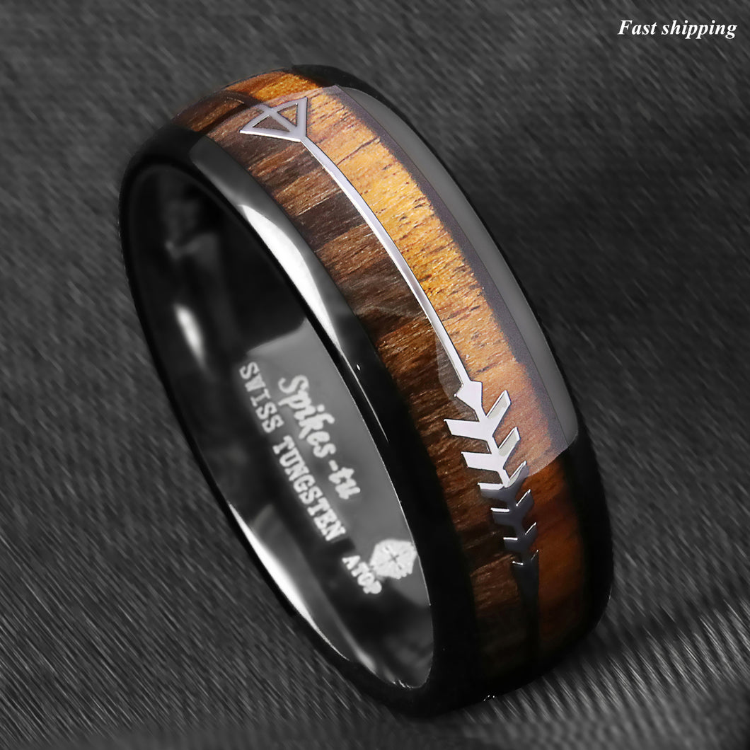 8/6mm Black Dome Tungsten Ring 2 Style Wood Arrow Wedding Band  Men Jewelry