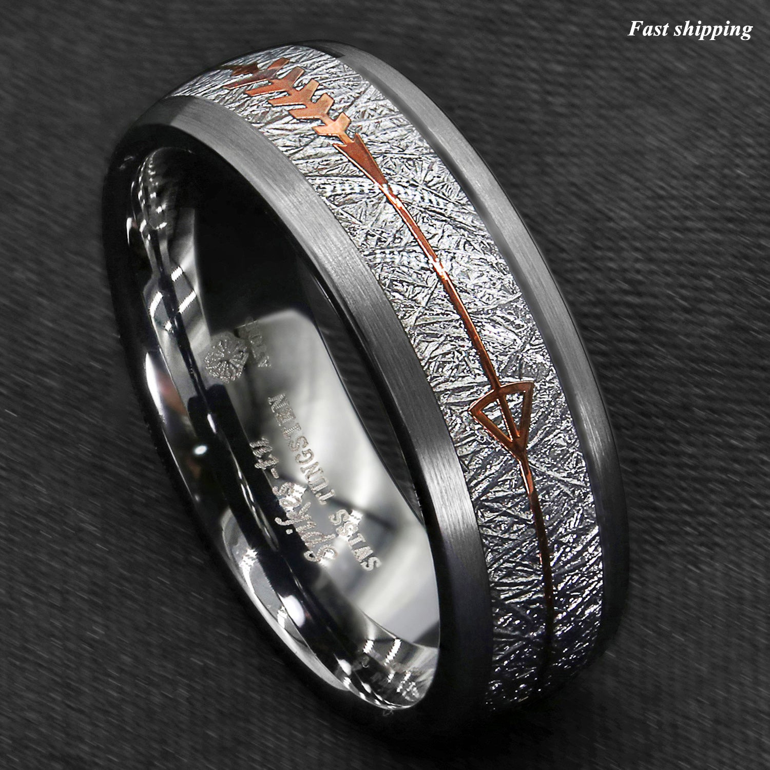 8 6mm Rock Gray Brushed Dome Tungsten Ring Silver Rose Gold Arrow