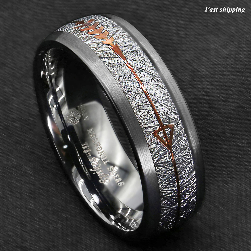 8/6mm Rock Gray Brushed Dome Tungsten Ring Silver Rose Gold Arrow