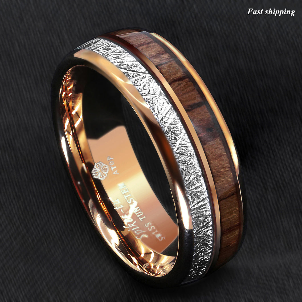 8/6mm Rose Gold Dome Tungsten Ring Silver Koa Wood Inlay Bridal  Men Jewelry