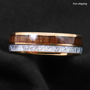 8/6mm Rose Gold Dome Tungsten Ring Silver Koa Wood Inlay Bridal  Men Jewelry
