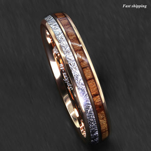 8/6mm Rose Gold Dome Tungsten Ring Silver Koa Wood Inlay Bridal  Men Jewelry