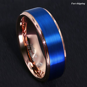 8/6mm Blue Tungsten Carbide Ring Rose Gold Brushed Wedding Band  Men Jewelry