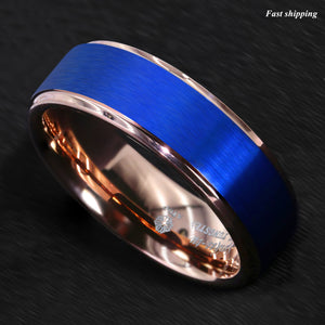 8/6mm Blue Tungsten Carbide Ring Rose Gold Brushed Wedding Band  Men Jewelry