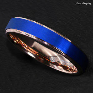 8/6mm Blue Tungsten Carbide Ring Rose Gold Brushed Wedding Band  Men Jewelry