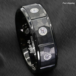 8mm Black Brushed Rock Skin Tungsten Ring 3 Diamonds Inlay  Men Bridal Band