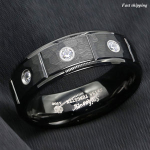 8mm Black Brushed Rock Skin Tungsten Ring 3 Diamonds Inlay  Men Bridal Band