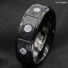 Load image into Gallery viewer, 8mm Black Brushed Rock Skin Tungsten Ring 3 Diamonds Inlay  Men Bridal Band
