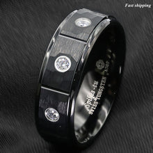 Load image into Gallery viewer, 8mm Black Brushed Rock Skin Tungsten Ring 3 Diamonds Inlay  Men Bridal Band
