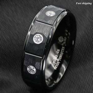 8mm Black Brushed Rock Skin Tungsten Ring 3 Diamonds Inlay  Men Bridal Band