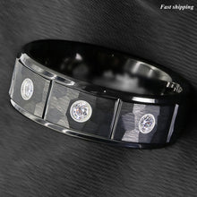 Load image into Gallery viewer, 8mm Black Brushed Rock Skin Tungsten Ring 3 Diamonds Inlay  Men Bridal Band
