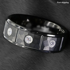 8mm Black Brushed Rock Skin Tungsten Ring 3 Diamonds Inlay  Men Bridal Band