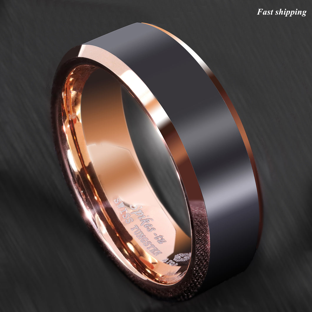 Men's Black & Rose Gold Tungsten Carbide Wedding Band - Brushed Metal Finish, 6mm Or 8mm