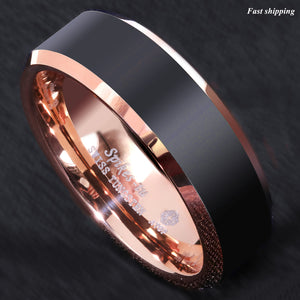 8mm Brushed Black Rose gold Edge Tungsten Ring Wedding Band  Men's Jewelry