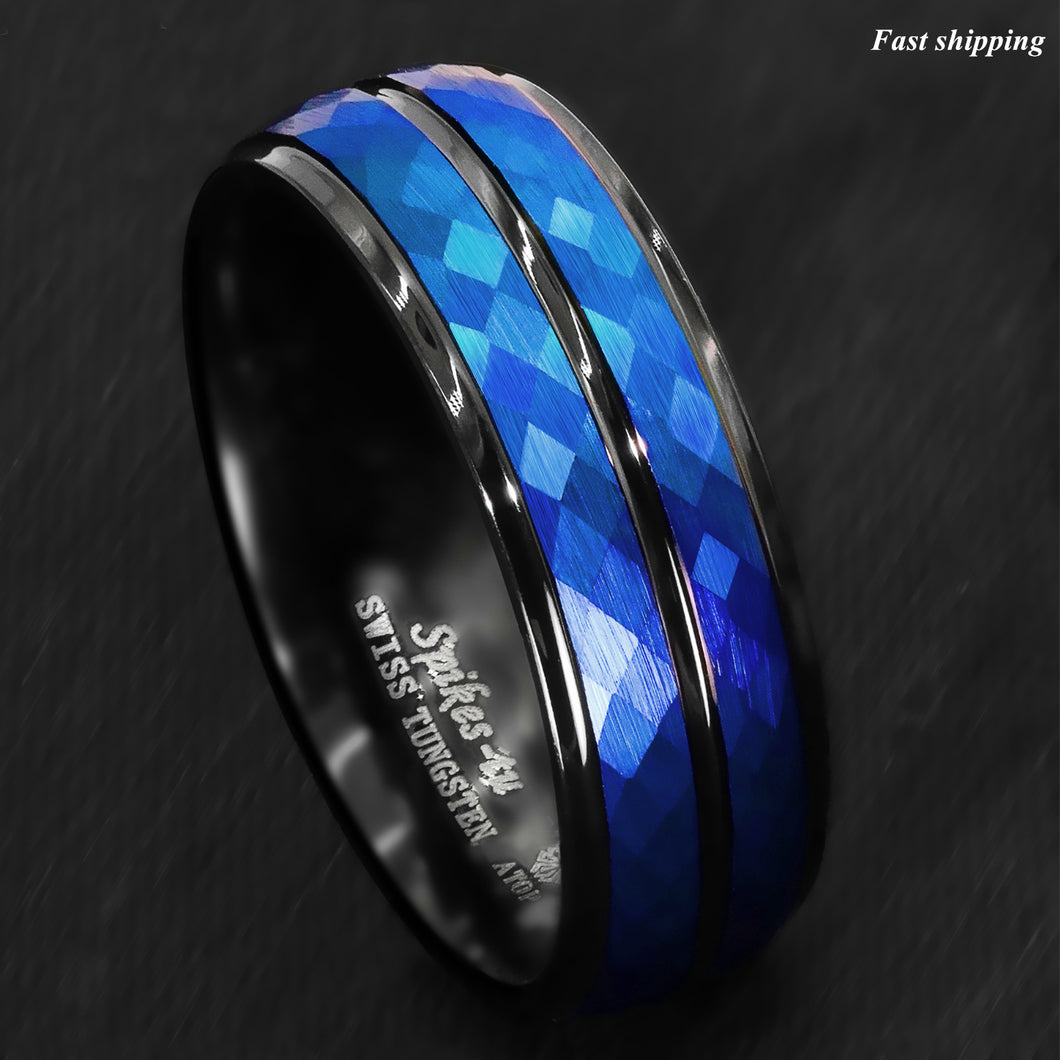 8/6mm Black Blue Brushed Crystal Skin Tungsten Ring Men Bridal Band