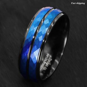 8/6mm Black Blue Brushed Crystal Skin Tungsten Ring Men Bridal Band