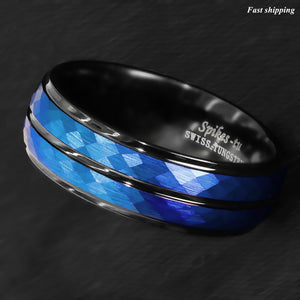 8/6mm Black Blue Brushed Crystal Skin Tungsten Ring Men Bridal Band