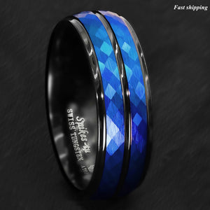 8/6mm Black Blue Brushed Crystal Skin Tungsten Ring Men Bridal Band