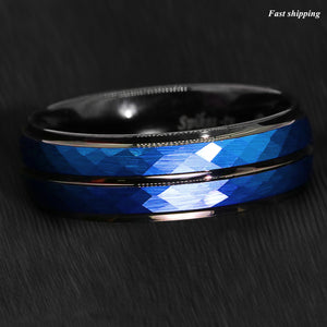 8/6mm Black Blue Brushed Crystal Skin Tungsten Ring Men Bridal Band