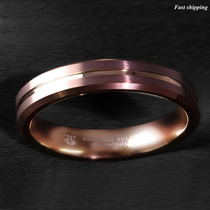 8/6mm Brushed Brown Tungsten Mens Ring Rose Gold Groove Stripe  Wedding Band