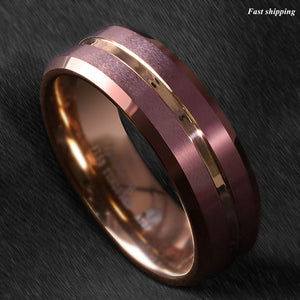 8/6mm Brushed Brown Tungsten Mens Ring Rose Gold Groove Stripe  Wedding Band