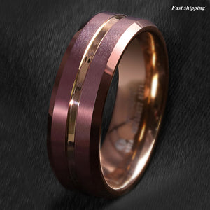 8/6mm Brushed Brown Tungsten Mens Ring Rose Gold Groove Stripe  Wedding Band