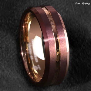 8/6mm Brushed Brown Tungsten Mens Ring Rose Gold Groove Stripe  Wedding Band