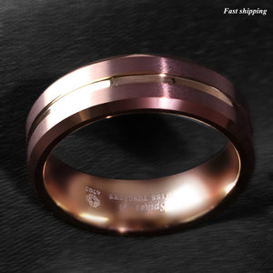 8/6mm Brushed Brown Tungsten Mens Ring Rose Gold Groove Stripe  Wedding Band