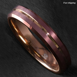 8/6mm Brushed Brown Tungsten Mens Ring Rose Gold Groove Stripe  Wedding Band