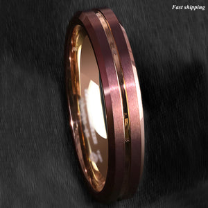 8/6mm Brushed Brown Tungsten Mens Ring Rose Gold Groove Stripe  Wedding Band