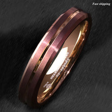 Load image into Gallery viewer, 8/6mm Brushed Brown Tungsten Mens Ring Rose Gold Groove Stripe  Wedding Band
