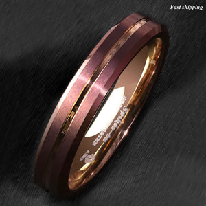 8/6mm Brushed Brown Tungsten Mens Ring Rose Gold Groove Stripe  Wedding Band