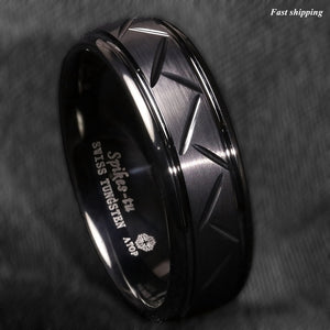 8/6mm Dome Black Warrior Brushed Center Tungsten Ring Bridal Band