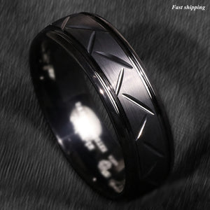 8/6mm Dome Black Warrior Brushed Center Tungsten Ring Bridal Band
