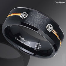 Load image into Gallery viewer, 8mm New Black Brushed Tungsten Ring Gold Grooved Line Diamond  Men Bridal Band
